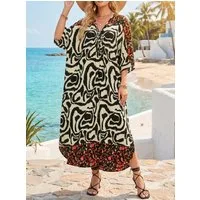 Lovolotti Strandkleid Damen Maxikleid aus Viskose – Luftiger Kaftan mit Ethno-Print V-Ausschnitt und 3/4-Ärmeln für Strand und Urlaub