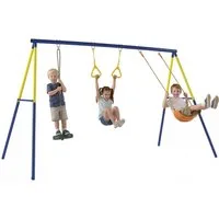 AIYAPLAY Schaukelgestell 3-in-1 Kinderschaukel mit klassisch Schaukel, Turnringe, Stehschaukel, (Gartenschaukel, 1-tlg., 3-in-1 Kinderschaukel), für 3-8 Jahre Kinder, 285x160x181 cm, Mehrfarbig