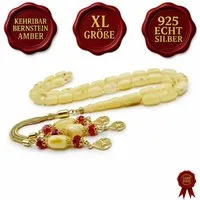 M-Punkt24 Kettenanhänger Tesbih Tespih XL Größe Damla Kehribar (21 Gramm, XL Größe, Misbah, Subha, Tasbeh, Rosary, Gebetskette), 925 Silber mit 585 vergoldet