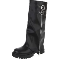 Ital-Design Stylische Damenstiefel mit Reißverschluss und Schnallen Plateaustiefel (90109821) Blockabsatz Stiefel in Schwarz