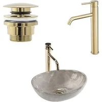 wohnwerk.idee Aufsatzwaschbecken Waschtisch Keramik Waschbecken Marmoroptik GästeWC/Gästebad Mini Beige