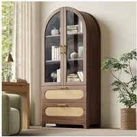 Flieks Vitrine Glasvitrine mit Montmartre-Bogen in Retro-Design Walnussholzfarbe (Mehrzweckschrank mit verstellbaren Einlegeböden, 1-St., H175xB80xT40cm) Hochschrank mit Glastüren und Rattan-Schubladen Bücherregal Holzoptik
