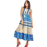 Charis Moda Sommerkleid Maxikleid Bohéme Stil Spitze Pompons Blau