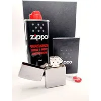 Zippo Feuerzeug Zippo Chrome Gebürstet Geschenkset Sturmfeuerzeug (4 teilig mit schöner Geschenkbox), inkl. original Zippo Benzin und 6 Feuersteine