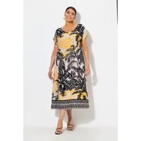 Ulla Popken Maxikleid Maxikleid Palmen V-Ausschnitt Tunnelzug ärmellos