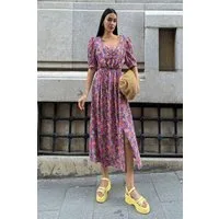 For You Moda Midikleid Natürliche Viskose Vorderseite Geraffte Schlitz Gemustertes Langes Lil