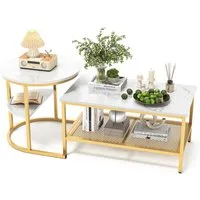 FUROKOY Couchtisch 2er-Satztisch Beistelltisch stapelbarer Sofatisch (Runder Tisch Oval,Marmoroptik,mit Ablagebode,Weiß-Gold), 80x46x41cm+52x52x51cm