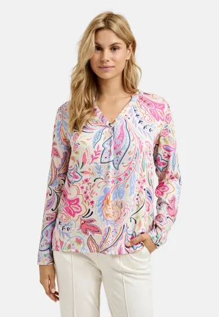 Milano Italy - V-Neck Blouse, pleat at cf and 1/1 sleeves colorful print - Gr. - 42