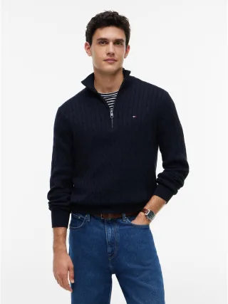 CLASSIC COTTON CABLE ZIP MOCK Navy Blue - Gr. - XXL