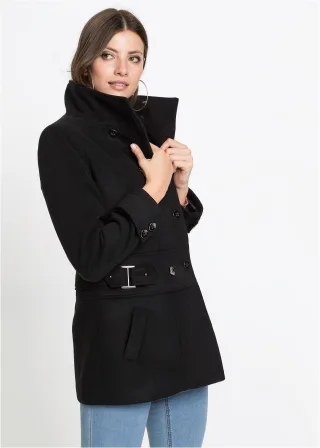 bonprix Kurzmantel Petite, schwarz, Gr.44, Modischer Kurzmantel mit hohem Kragen und doppelreihigen Knöpfen in Petite-Größe.