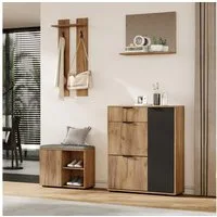 Merax Garderoben-Set 4-teilig Garderobenset, (Wandgarderobe, Schuhschrank, Schuhbank & Spiegel, Flurmöbel), 140×35×139 cm, Naturholzfarbe+Schwarz