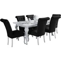 Deine Möbel 24 Essgruppe LUISE Tischgruppe Glamour Tisch mit 4 / 6 Stühlen Esszimmer, (Graphit Anthrazit Dunkelgrau Grau Beige Schwarz, 7-tlg., Wohnzimmer, Esstisch aus Massivholz), in Weiß hochglanz Stühle in Samt Velour 140x80x180 170x90x210
