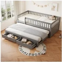 Flieks Kinderbett, Holzbett Daybett 90x200cm mit Ausziehbett 90x190cm und 2 Schubladen