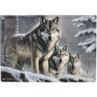 Figuren Shop GmbH Metallschild Blechschild - Wolfsrudel im Winterwald - Wandschild Wolf Fantasy