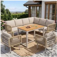 Flieks Gartenlounge-Set, 8-Sitzer Gartenmöbel Seilgeflecht, Ecksofa mit 2 Sesseln & Tisch