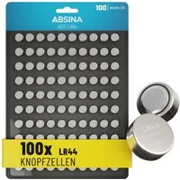 ABSINA AG13 LR44 Knopfzelle 100er Pack - 1,5V Alkaline Knopfzellen Knopfzelle, AG13 (1,5 V, 1 St), Temperaturfest von -10°C bis +50°C, langlebig, auslaufsicher