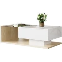 Merax Couchtisch hochglanz Beistelltisch mit Stauraum und Glastischplatte, Wohnzimmertisch mit Schublade, Sofatisch Kaffeetisch mit LED
