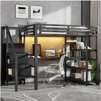 Merax Hochbett 140x200cm mit LED-Licht und USB-Ladestation (Jugendbett Kinderbett Einzelbett, 1-St., 255 x 145 x 174,5 cm) Metallbett mit Treppe,offenem Kleiderschrank, Schreibtisch,Staufächern
