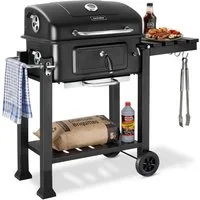 tectake Holzkohlegrill Grillwagen mit 2 Rädern, regulierbare Luftzufuhr, 110 x 64 x 104 cm, Standgrill Florian, in schwarz, mit Thermometer, Warmhalterost und klappbare Seitenablage mit 3 Haken