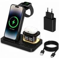 Fyrove Ladegeräte, 5-in-1 Wireless Charger 15W, faltbare induktive Ladestation (für iPhone, Apple Watch & AirPods, LED-Uhr, Nachtlicht, USB-C, inkl. 20W Netzteil)
