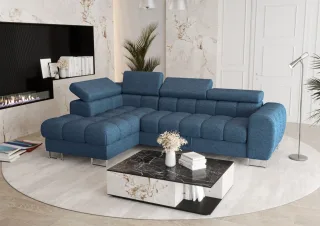 Ecksofa Schlafsofa BASTIEN in Stoff Aragon Blau Ottomane Links