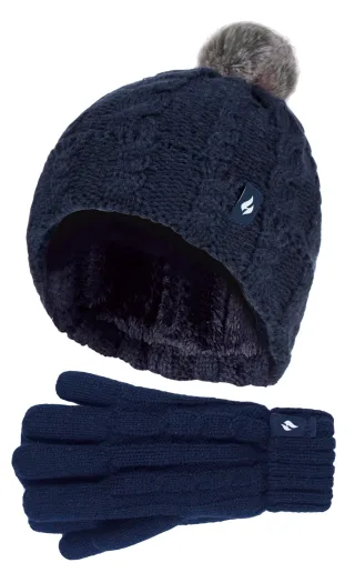 Wärmehalter - Girls Bobble Pom Pom Hat and Gloves Set | Turn Over Cuff Hat & Cable Knit Gloves Style - Navy