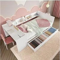 OKWISH Kinderbett mit Schreibtisch, Jugendbett Daybett Tagesbett Stauraumbett (mit Schreibtisch, 2 Schubladen und Regalen, Holzbett mit Stauraum, für Kinderzimmer & kleine Apartments 90x200 cm), ohne Matratze