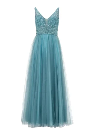 hey kyla - Lange Tüllrobe mit Netzeinsatz slate blue - Gr. - 40