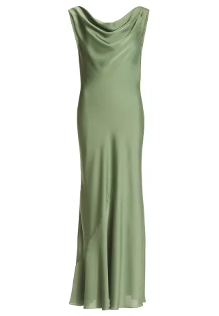 SWING - Abendkleid aus nachhaltigem Satin mit Wasserfall Ausschnitt matcha green - Gr. - 38