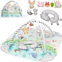 lionelo Spielmatte ANIKA NATURAL (Set, Spieldecke/8 Spielzeuge/Tummy-Time-Kissen/2 Beißringe), Bambusbezug/8Spielzeuge/aufklappbar/waschbar/0+