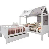 Flieks Kinderbett, Massivholz Einzelbett Hausbett mit Zeltstoff und Schublade 90x200cm