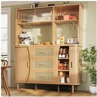 BlingBin Küchenbuffet Buffetschrank mit Glas-Schiebetüren, Glashalter und Rattanoptik (Vitrinenschrank, 1-St., 140x40,5x174,5 cm) Küchenschrank mit 3 Schubladen, offene Fächer