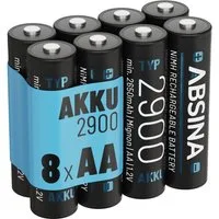 ABSINA Akku AA Mignon 2900 - 8x NiMH Wiederaufladbare Akkus mit min. 2650mAh Akku 2650 mAh (1.2 V)