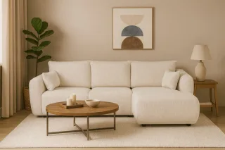 Ecksofa mit Schlaffunktion RUDEN Sofa in Stoff Bello Creme Ottomane Rechts