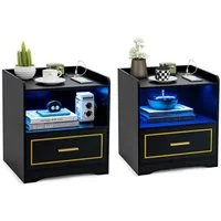 COSTWAY Nachttisch (2-St), LED, 3 Farben, mit Schublade & USB-Anschluss, Holz