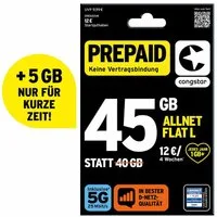 Congstar Prepaid ALLNET L SIM-Karte ohne Vertrag 5G mit 25 Mbit/s Prepaidkarte, (EU-Roaming inkl. CH, 12 € Startguthaben)