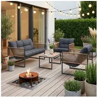 casa.pro Gartenlounge-Set, (Set, 4-tlg., 1 Couchtisch, 1 Sitzbank, 2 Sessel), »Karg« mit Polsterkissen Stahlgestell Dunkelgrau/Rattanoptik