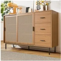 Flieks Kommode mit 2 Rattan-Schiebetüren und 3 Schubladen (Maße: B140/H91/T37 cm, 1 St., Schrank für Wohnzimmer, Schlafzimmer, Arbeitszimmer und Esszimmer), Sideboard Holzschrank Mehrzweckschrank mit verstellbaren Einlegeböden