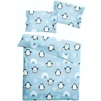 JACK Babybettwäsche 100x135cm Pinguin Iglu Nordpol Blau, Biber, 2 teilig, süßes Kindermotiv mit Pinguinen, mit Reißverschluss