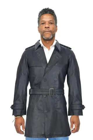 Herren-Trenchcoat aus schwarzem Leder – Memphis