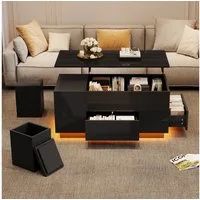 Merax Couchtisch 4-in-1 höhenverstellbar Sofatisch mit LED-Beleuchtung (1-St., mit App-gesteuertem Licht & Liftfunktion), Wohnzimmertisch mit verstecktem Stauraum & 2 Hocker, 100x50x45 cm