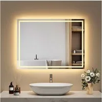 EMKE Badspiegel LED Badezimmerspiegel mit Wandschalter Wandspiegel Rechteckig (Wandschalter), Warmweißes Beleuchtung IP44