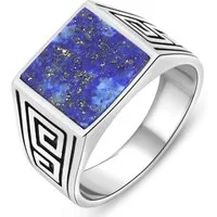 Tony Fein Siegelring Lapislazuli Griechisches Muster Massiv 925 Sterling Silber, Silberring Rhodiniert Made in Italy für Herren