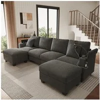 Merax Ecksofa U-Form Sofa mit Schlaffunktion, USB & Typ-C Ladeanschluss, modulares Cordsofa, Schlafsofa für Wohnzimmer, Schlafzimmer & Wohnung 1 Teile, Sofa mit 2 Hockern, Handyhalter, Getränkehalter & verdecktem Staufach