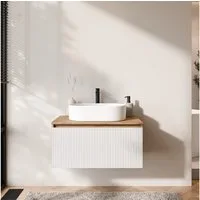 Planetmöbel Waschtisch-Set Arisa Badezimmer Waschtisch mit Waschbecken, Badmöbel 80cm breit, (Waschtischunterschrank hängend für Gäste WC & Bad, weiß geriffelt, Badmöbel Set mit Waschbecken 55 cm weiß), Schublade mit Soft-Close Funktion