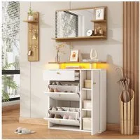 Flieks Garderoben-Set Schuhschrank mit LED, Wandregal mit Kleiderhaken, Spiegel mit Ablagen, (3-St), Flurmöbel-Set Weiß&Holzoptik, Schuhkommode mit Klappen und Schubladen