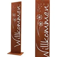 Rostikal Deko-Schriftzug Willkommen Stele Pusteblume Gartendeko Edelrost Cortenstahl, Dekorative Metallstele mit feinem Motiv, Gartenbereich & Eingangszone