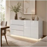 Simurq Kommode Hochglanz Sideboard Modern Mit LED Beleuchtung, 160 cm Kommode Weiß (Packung, Wohnzimmerschrank Für Schlafzimmer Esszimmer Büros Flur), Buffetschrank Küchenschrank mit 3 Schubladen, 2 Türen, 160x35x76 cm
