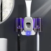 MOPUEA Zahnbürstenhalter Zahnbürstenhalter UV Desinfektions Zahnbürsten Halter mit 4 Schlitze, (Automatischer Zahnpastaspender, mit 2 herausnehmbarer Becher, 1-St., 20*6.6*13cm, für eine vierköpfige Familie), mit starkem Aufkleber, ohne Bohren