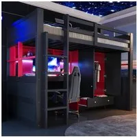 STILVORA Hochbett 90×200 mit Stauraum Jugendbett mit Kleiderschrank, ohne Matratze (Mit LED-Beleuchtung, Steckdosen, Kleiderschrank und Schubladen, Massivholzrahmen, viel Stauraum, langlebig und platzsparend) Für Jugendzimmer, Lernbereich, Homeoffice